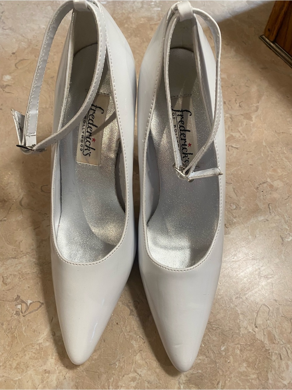 Frederick's of Hollywood White Patent Pointed Ankle-Strap Pumps